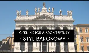 Fasada barokowej bazyliki z rzeźbami na dachu i napisem "Styl barokowy".