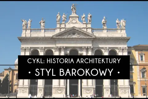 Fasada barokowej bazyliki z rzeźbami na dachu i napisem "Styl barokowy".