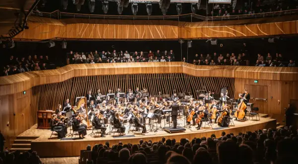 Orkiestra symfoniczna grająca w nowoczesnej sali koncertowej, z widownią na pierwszym planie.